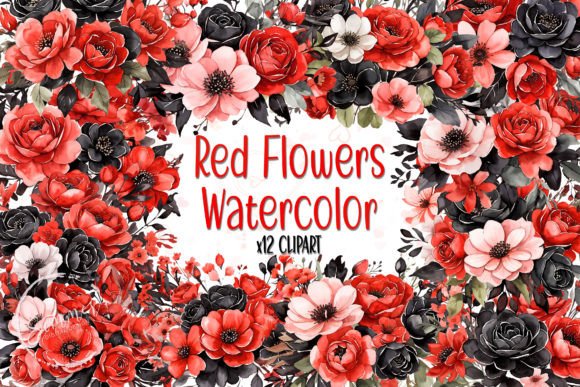 Download Red and Black Flowers Watercolor Clipart - Red and black Collection